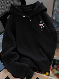 Streetwear Women Hoodies Black Pink Bow Cross <b>Back</b> Graphic Oversized Cotton Fleece <b>Drop</b> Shoulder Autumn Winter Bulk Manufacturer - Product Image 2