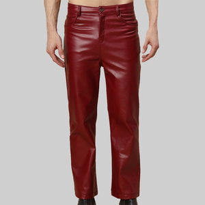 Pantalon en cuir marron pour homme, haute qualité, fermeture éclair, plusieurs poches, style motard, anti-rétrécissement, automne, élastique, poids moyen, taille haute - Product Image 1