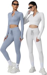 Ensemble de yoga 2 pièces blanc pour femme : haut court zippé et leggings taille haute respirants en Spandex et Polyester pour la gym - Product Image 3