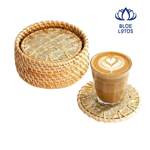 BEST SELLER - Set de dessous-de-plat et sous-verres en rotin durable et éco-responsable, incrusté de nacre, de haute qualité, pour une décoration écologique en gros - Product Image 1