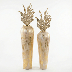 Luxury Gold Textured Floor <b>Vase</b> <b>Set</b> Artistic Leaf Top Decorative Design For Home Interior Styling Handmade Modern Floor <b>Vase</b> <b>Set</b> - Product Image 2