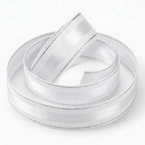 Cinta de Raso Grosgrain Blanca de 15 mm de Neelkamal Industries con Borde Plateado, Cinta Decorativa de Poliéster para Envolver Regalos - Product Image 1
