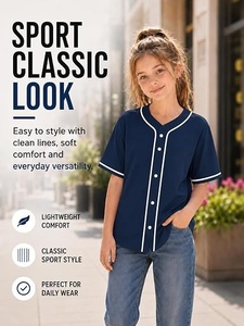 Camiseta de Béisbol Azul Marino para Niños, Manga Corta, Cierre de Botones, Absorbe la Humedad, Corte Regular, Color Sólido, Ropa para Todas las Temporadas - Product Image 2