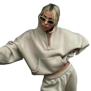 Personnalisation à partir d'un MOQ faible, sweat-shirt pour femme, col zippé quart, panneaux, épaules tombantes, sweat-shirt oversize à capuche - Product Image 1