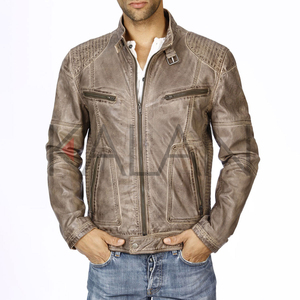 KLJM1 Men's Brown Washed <b>Sheep</b> <b>Skin</b> Leather Blouson <b>Jacket</b> Stand Collar Four Front Canvas Pockets Fashionable for Spring Season - Product Image 1