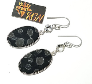 Natural Black Coral & Zircon Bohemian Wedding Earrings Solid 925 Sterling Silver Oval Dangle <b>Drop</b> Handmade Jewelry Gift Women - Product Image 1