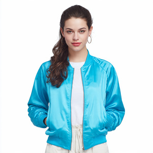 <b>Women</b> Satin Silk <b>Bomber</b> <b>Jackets</b> Loose Fit Crew Neck Zipper Satin <b>Jacket</b> <b>Women's</b> Street Satin <b>Jacket</b> Top - Product Image 2