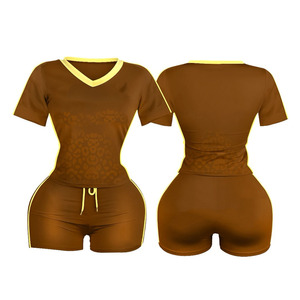 High stretch 210 GSM polyester elastane <b>booty</b> short set breathable brown tone heat transfer logo custom T shirt and <b>booty</b> short - Product Image 1