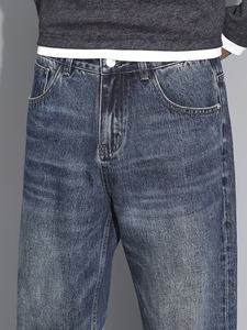Jeans baggy classiques bleu foncé pour homme |   Pantalon en jean à coupe décontractée et jambes larges |   Pantalon décontracté à jambe droite, style streetwear urbain - Product Image 4