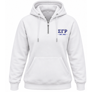 Sudadera con capucha y media cremallera blanca personalizada con letras griegas Sigma Gamma Rho para mujer, estilo universitario, informal, para hermandades. - Product Image 1