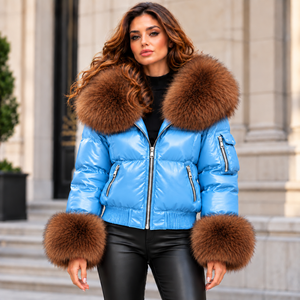 <b>Women</b>’s Genuine <b>Leather</b> Puffer <b>Jacket</b> with Brown Fox Fur Collar Cuffs/ Sky Blue Luxury Winter <b>Bomber</b> Coat - Product Image 2