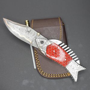 San-Mai <b>Copper</b> Damascus Multi-Functional Hunting Camping EDC Knife Fishing Folding Pocket Knife Steel Engraved Honey Comb Handle - Product Image 3