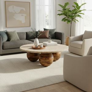 Table basse en bois avec pieds en forme de boule et plateau en travertin pour salon, hôtel, bar, restaurant et villa - Product Image 3