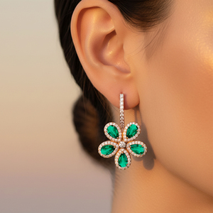 18k Solid Gold Lab Grown <b>Emerald</b> Gemstone & Diamond Floral Design Drop Earrings Pure Gold Diamond Fine Jewelry at Wholesale Rate - Product Image 2