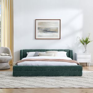 Letto matrimoniale imbottito con testiera in tessuto ciniglia spesso e piattaforma in legno massello - Product Image 3