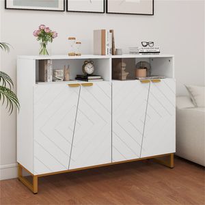Credenza Bianca Contemporanea con Ante Irregolari, Maniglie Dorate, 2 Ripiani Aperti e Doppi Mobili a 2 Ante - Arredamento per Sala da Pranzo - Product Image 2