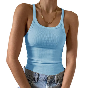 Camiseta sin mangas de punto acanalado con cuello redondo y ajuste ceñido de mezclilla de poliéster/spandex de color liso para mujer - Product Image 1