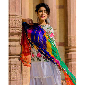 Ensemble Kurta en coton rose pâle avec dupatta Lehariya multicolore, taille XS - Product Image 4