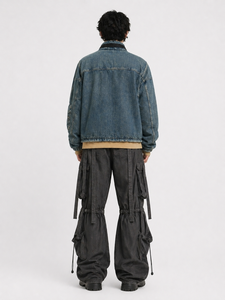 Mens <b>Vintage</b> Wash Blue <b>Denim</b> Utility <b>Jacket</b> Multi Pocket Cargo Style Outerwear High Neck Zip Up Streetwear <b>Jacket</b> Relaxed Fit - Product Image 4