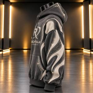 Sweat-shirt à capuche pour homme, imprimé pailleté, logo en strass sur le devant, coton lourd, hiver, noir - Product Image 3