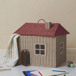 Cute Cottage Rattan <b>Storage</b> Basket Red <b>Roof</b> Handmade Kids Toy Bin Decorative Nursery Organizer Hamper Woven Sundries Holder <b>Box</b> - Product Image 2