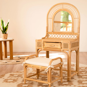 Mesa de Maquillaje Infantil de Ratán Natural Más Vendida con Espejo y Taburete, Muebles Infantiles Hechos a Mano de Alta Calidad, Fábrica OEM ODM - Product Image 1