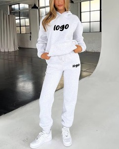 Women White Hooded <b>Tracksuit</b> Set Full Length Solid Color Side Pockets Drawstring Closure Printed Logo Casual Wear - Product Image 1