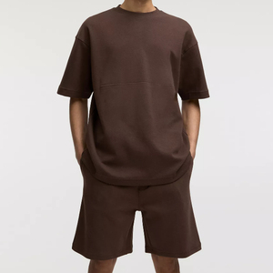 Men's Plus Size Solid Color Cotton V-neck T-Shirt <b>Set</b> Casual Summer <b>Knitted</b> Short Sleeve Tops and Shorts for Everyday Wear - Product Image 3
