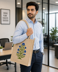 Sac fourre-tout en jute de qualité supérieure avec imprimé floral fait main, fermeture éclair, sac de courses écologique - Product Image 6
