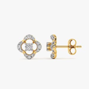 Pendientes de Oro Amarillo con Diamante Cultivado en Laboratorio, Diseño Floral de Cuatro Pétalos con Halo - Product Image 1
