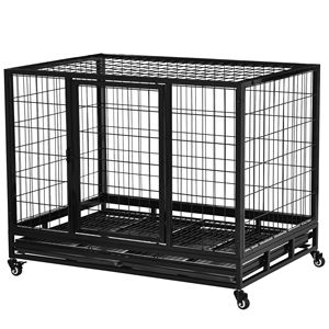 Gabbia per Cani con Serratura, Vassoio Rimovibile, Doppia Porta e Ruote Bloccabili per Cani di Taglia Grande - Nera - Product Image 1