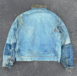 Chaquetas de mezclilla vintage para hombre, de diseño personalizado, con cremallera, forradas, de algodón, estilo trabajo, con ribete de mezclilla y detalles de reparación, de gran tamaño. - Product Image 3