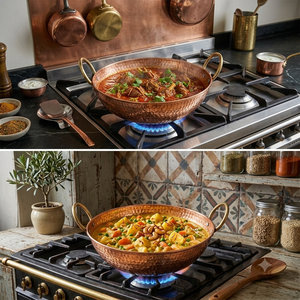 Premium Hand Hammered Pure Copper Kadhai with Brass <b>Handles</b> Traditional Indian Serving Bowl Heavy Duty Kitchen Cookware for Home - Product Image 5