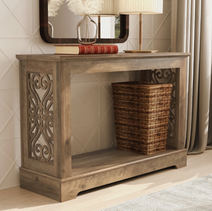 Consola de madera tallada vintage 2026 con acabado natural, mesa auxiliar para sala de estar, muebles de hotel económicos - Product Image 1