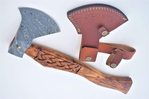 CUSTOM HANDMADE INDUSTRIAL DAMASCUS STEEL <b>AXE</b> HEAD ENGRAVED <b>WOOD</b> HANDLE with LEATHER SHEATH - Product Image 4
