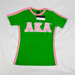AKA Green Premium Shirt Femmes Lettre Grecque Brodée Rose Garniture Ras Du Cou Haute Qualité Casual Top - Product Image 1