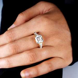 Luxury 2.02CT Asscher Cut Diamond Three Stone Ring Side Baguette Cut Lab Grown With 14K Solid Gold Wedding Surprise <b>Gift</b> <b>Her</b> - Product Image 4