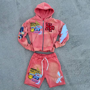 Ensemble de survêtement streetwear deux pièces pour homme, veste d'été et short, avec broderie effet usé et délavé soleil, sweat à capuche zippé - Product Image 3