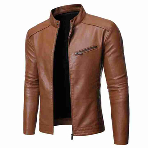 New Style Men's Brown PU Leather <b>Jacket</b> <b>Slim</b> <b>Fit</b> Stand Collar Zipper Closure Autumn Style Solid Color Regular Length - Product Image 1