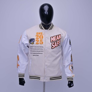 เสื้อแจ็คเก็ตวาร์ซิตี้ Mean Safe สำหรับผู้ชาย หนัง PU ปักลายตัวอักษรด้านหน้า สไตล์ลำลอง ทรงปกติ สตรีทแวร์ ระบายอากาศได้ดี เหมาะสำหรับฤดูหนาว - Product Image 1