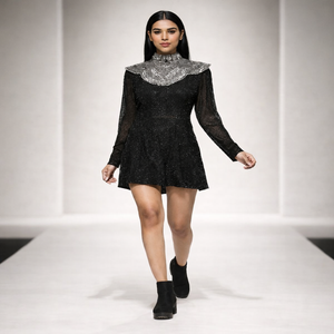 Vestido Corto de Diseñador de Lujo para Mujer |   Bordado a Mano con Cuentas Negras |   Ropa para Fiestas de Boda y Alfombra Roja para Compradores de Exportación - Product Image 3