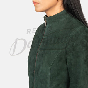 Premium Women Dark Green <b>Suede</b> Leather <b>Jacket</b> Slim Fit Soft Goat <b>Suede</b> Moto <b>Jacket</b> Elegant Collarless Casual Outerwear - Product Image 5