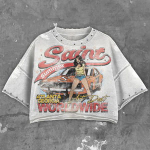 Conjunto de Dos Piezas de Ropa Urbana de Verano: Camisetas Gráficas Vintage Lavadas de Primera Calidad y Shorts de Mezclilla Desgastados - Product Image 4