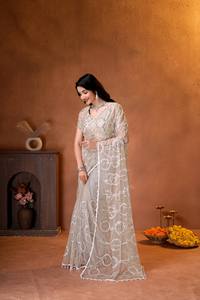 Elegante Saree de red color champán con bordado de lentejuelas plateadas, ideal para bodas indias y fiestas, para mujer, largo hasta el suelo, sin arrugas, para verano. - Product Image 5