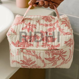 Custom Printed Pink Tulip Cotton Quilted <b>Travel</b> <b>Toiletry</b> <b>Bag</b> with Handle Reusable for Makeup Organizer, Grocery Shopping, <b>Travel</b> - Product Image 6