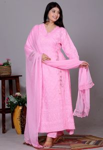 NIYANI Ensemble 3 pièces Salwar Kameez Anarkali Chikankari rose à manches longues, style décontracté indien/pakistanais, en rayonne d'été avec dupatta en dentelle, effet froissé - Product Image 1