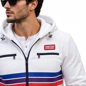 Sudadera con capucha y cremallera para hombre, color blanco, con bloques de color, estilo deportivo, a rayas, para otoño - Product Image 4