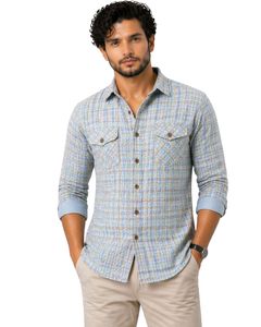 Customized Sky Blue Beige Plaid Check Casual Shirt For Men Slim Fit Long Sleeve Button Down Cotton Stylish Premium Quality Wear - Product Image 1