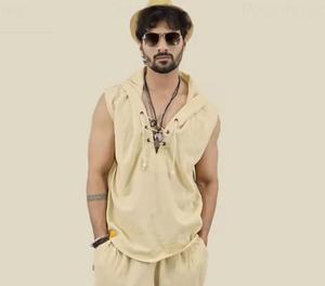 Premium Men Bohemian Sleeveless Hoodie Handcrafted Cotton Canvas Beige <b>Festival</b> Wear Men Lace-Up V-Neck Hooded Tank <b>Top</b> - Product Image 2