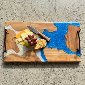 Elegant Handmade <b>Epoxy</b> Resin River Wood Serving Tray with Polished Metal Handles for Charcuterie, Cheese, <b>Coffee</b> & Tea Serving - Product Image 1